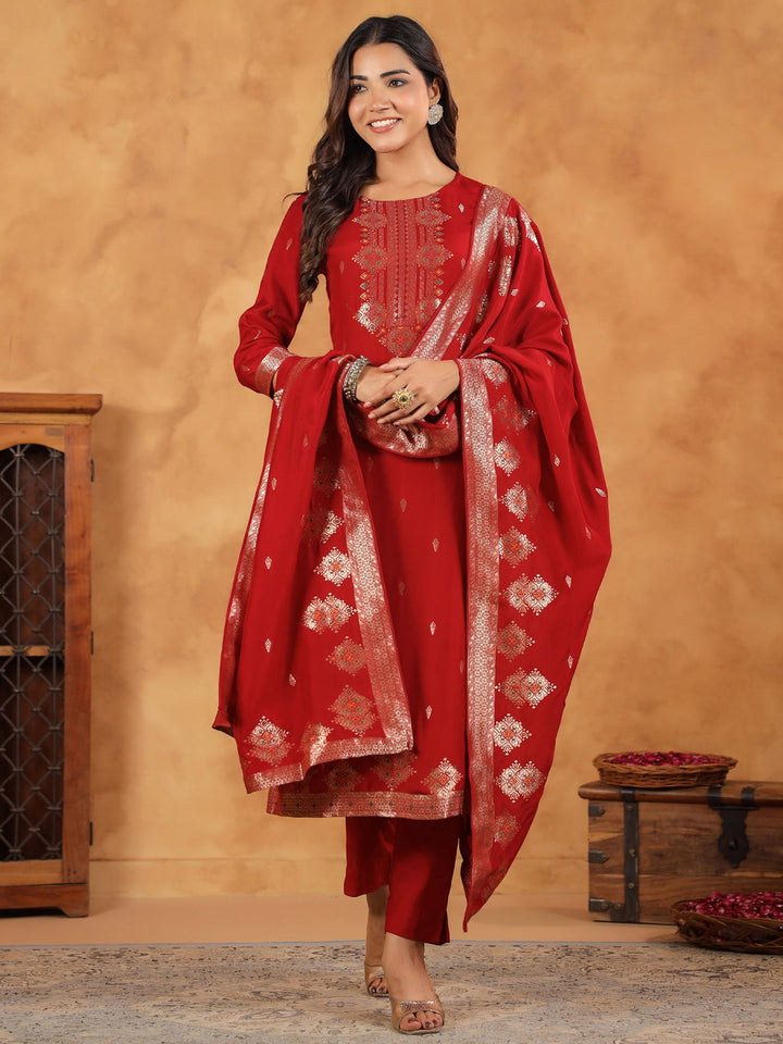 Maroon Silk Blend Jacquard Straight Kurta Set