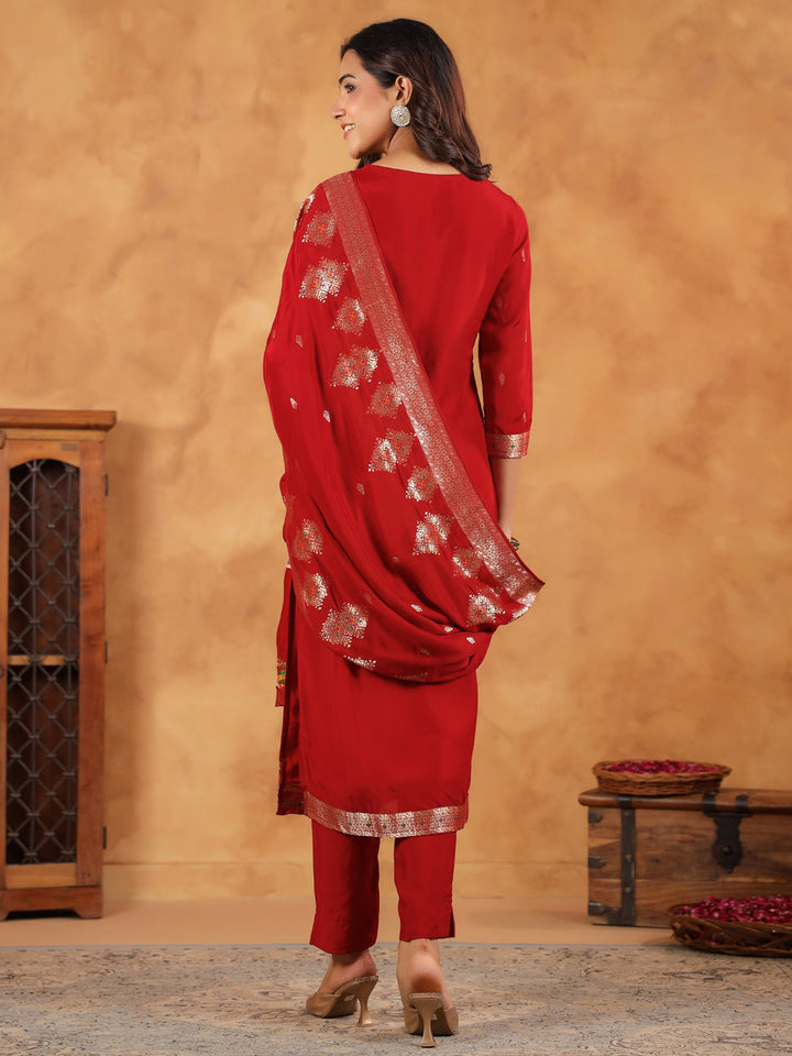 Maroon Silk Blend Jacquard Straight Kurta Set