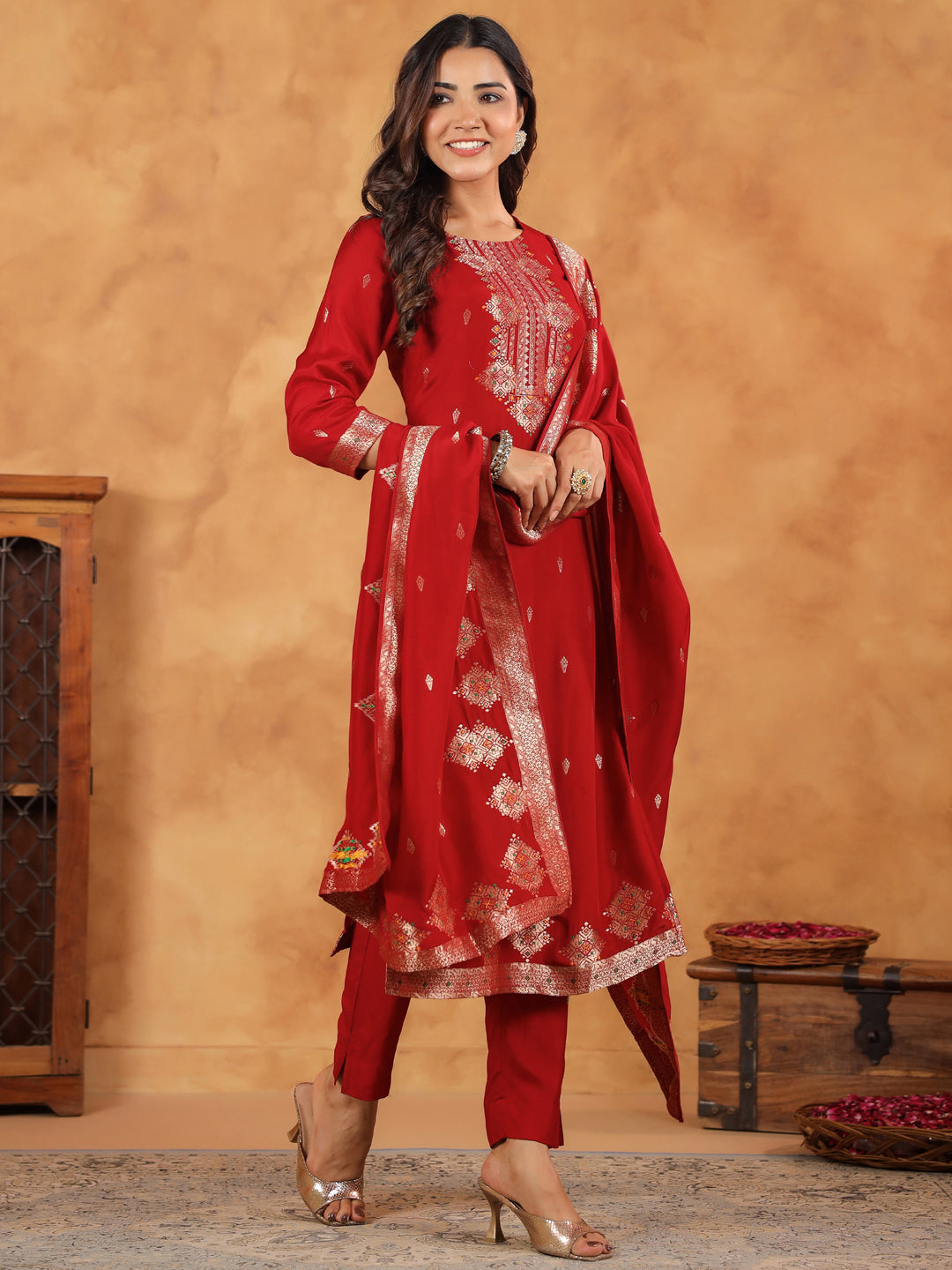 Maroon Silk Blend Jacquard Straight Kurta Set