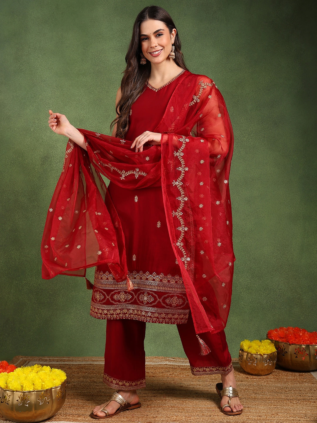 ZERESOUQ-Maroon-Silk-Blend-Solid-Embroidered-Straight-Suit-Set