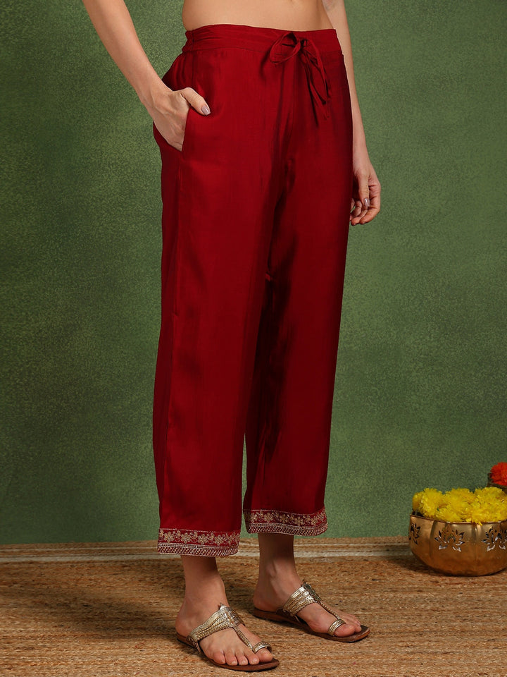 ZERESOUQ-Maroon-Silk-Blend-Solid-Embroidered-Straight-Suit-Set
