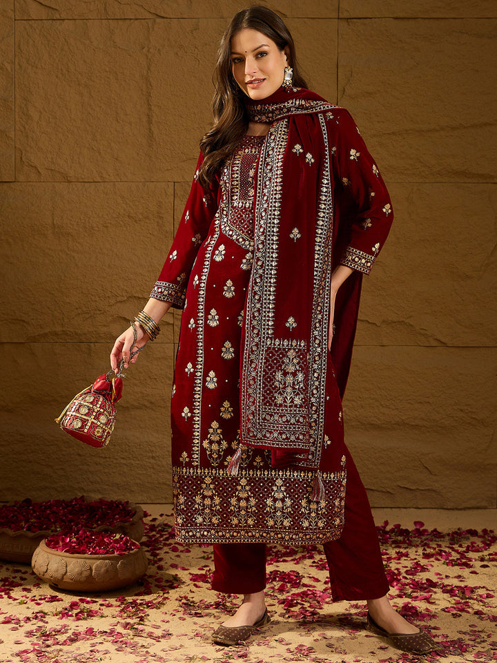 Maroon Velvet Ethnic Motifs Printed Straight 3-Piece Suit Set