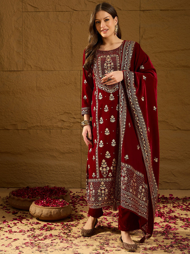 Maroon Velvet Ethnic Motifs Printed Straight 3-Piece Suit Set