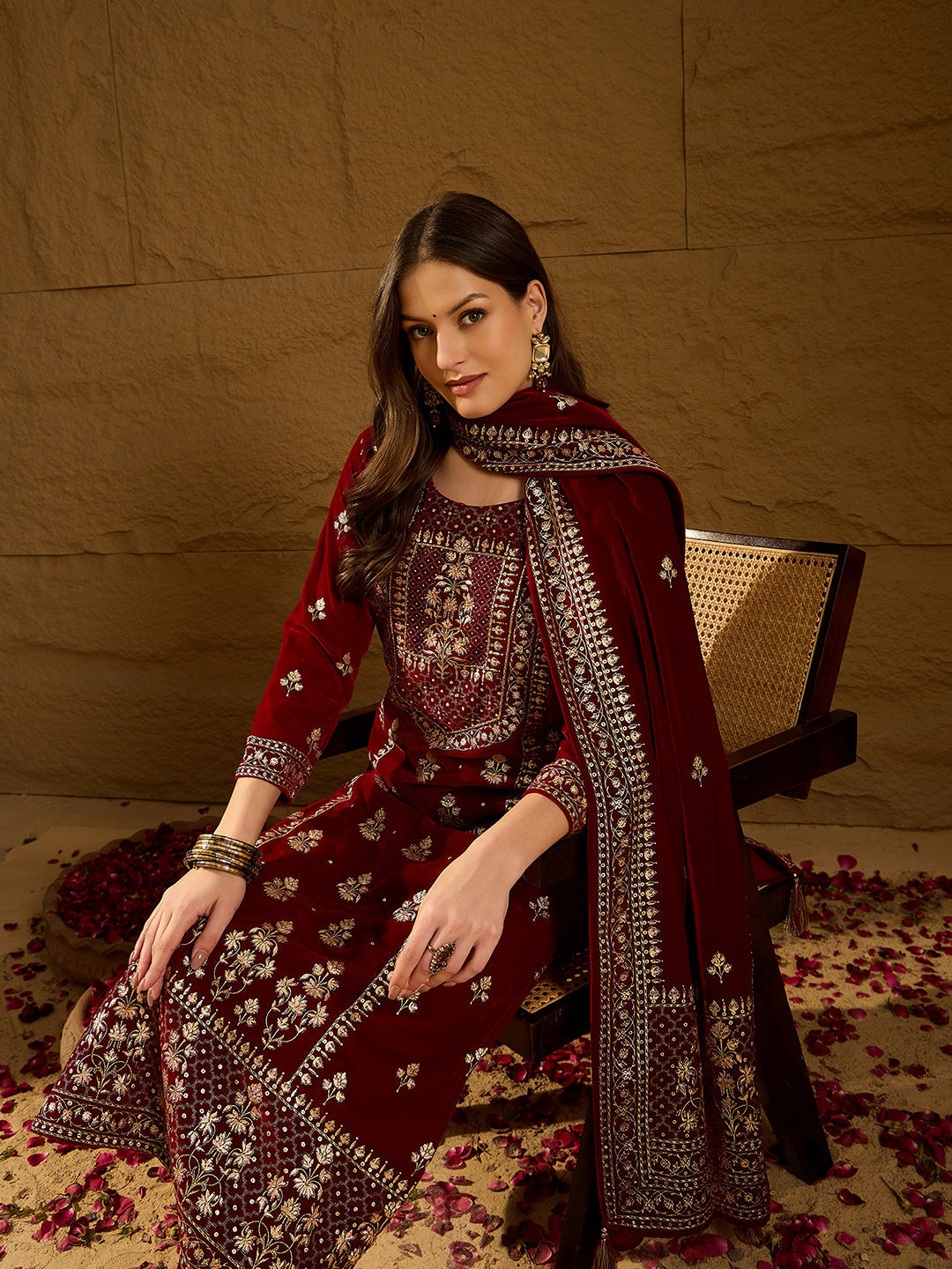 ZERESOUQ-Maroon-Velvet-Ethnic-Motifs-Printed-Straight-3-Piece-Suit-Set