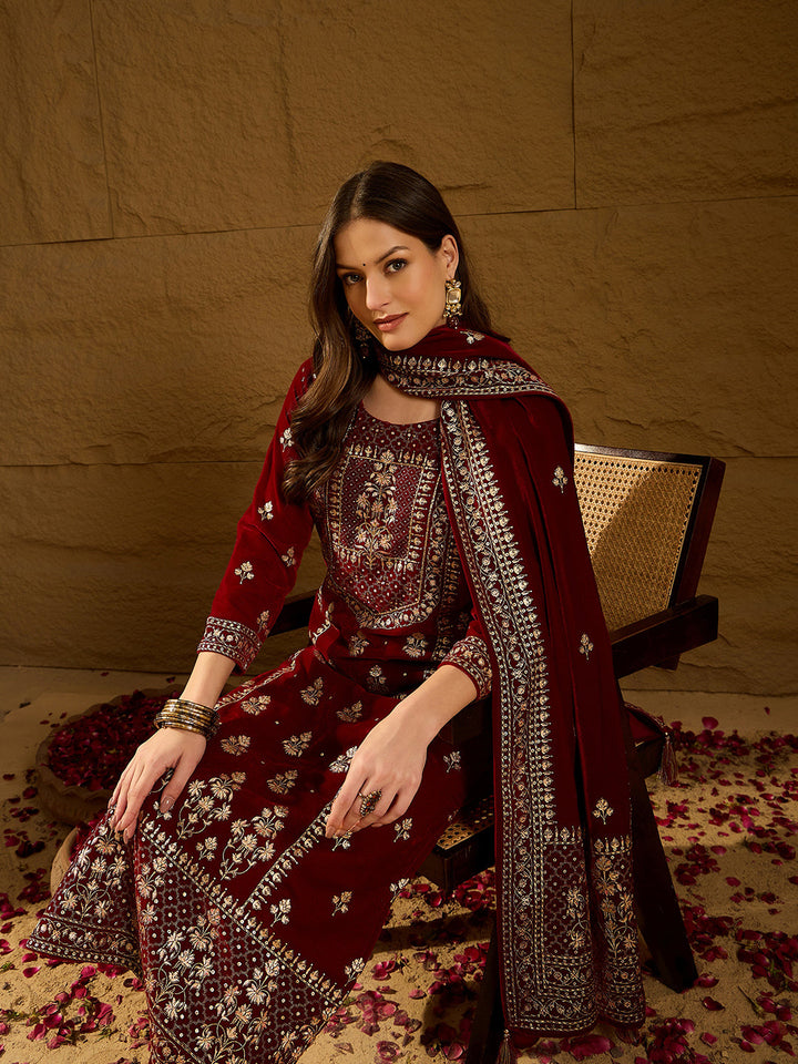 Maroon Velvet Ethnic Motifs Printed Straight 3-Piece Suit Set