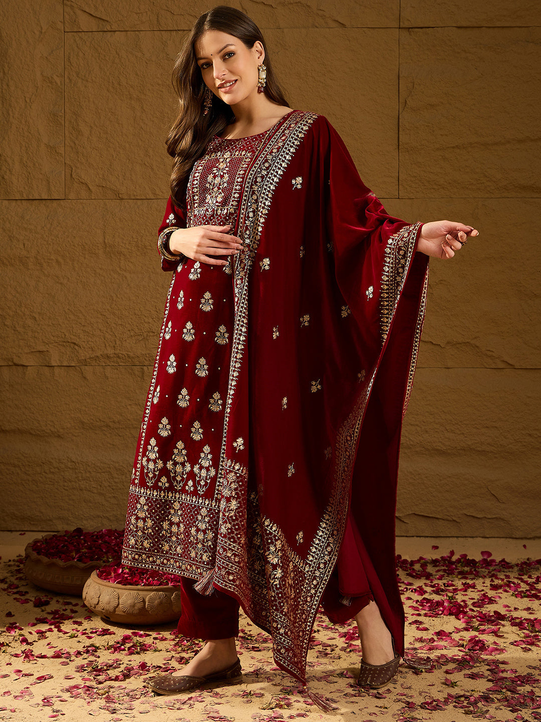 Maroon Velvet Ethnic Motifs Printed Straight 3-Piece Suit Set