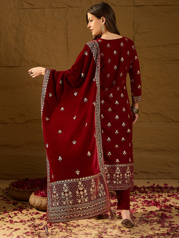 Maroon Velvet Ethnic Motifs Printed Straight 3-Piece Suit Set