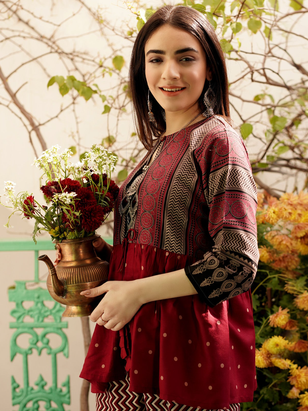 Maroon & Black Ajrakh Front Open Gather Shrug