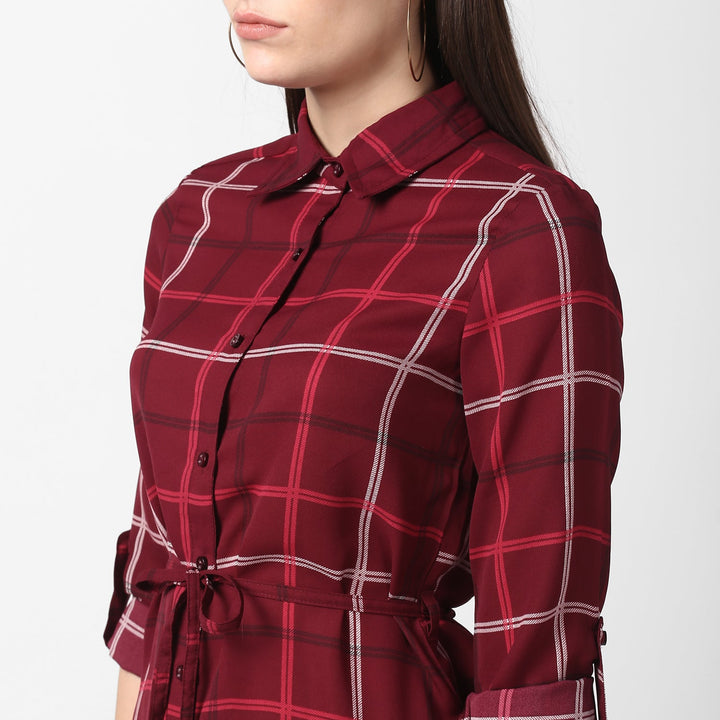 Maroon-&-White-Polyester-Check-Shirt-Dress-with-Belt