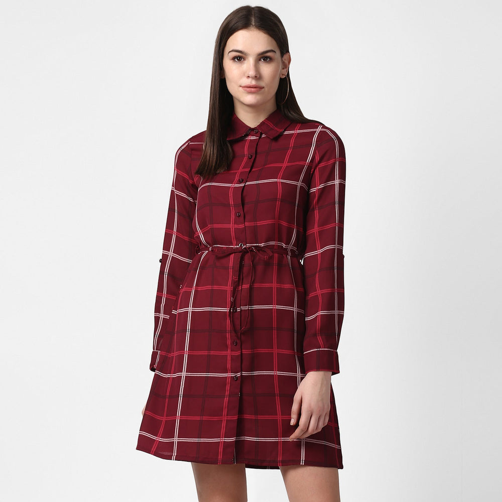 Maroon-&-White-Polyester-Check-Shirt-Dress-with-Belt