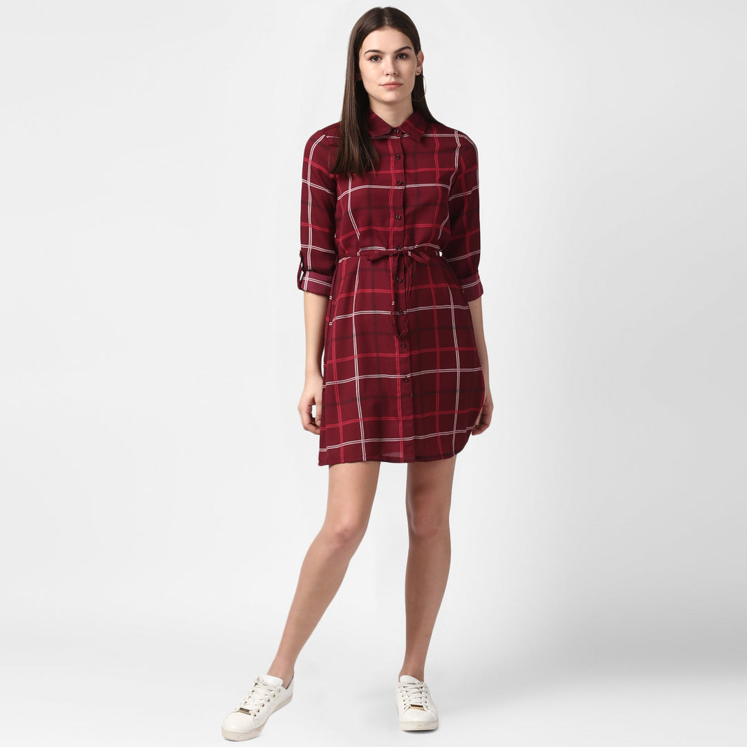 Maroon-&-White-Polyester-Check-Shirt-Dress-with-Belt