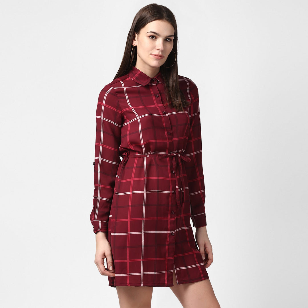 Maroon-&-White-Polyester-Check-Shirt-Dress-with-Belt