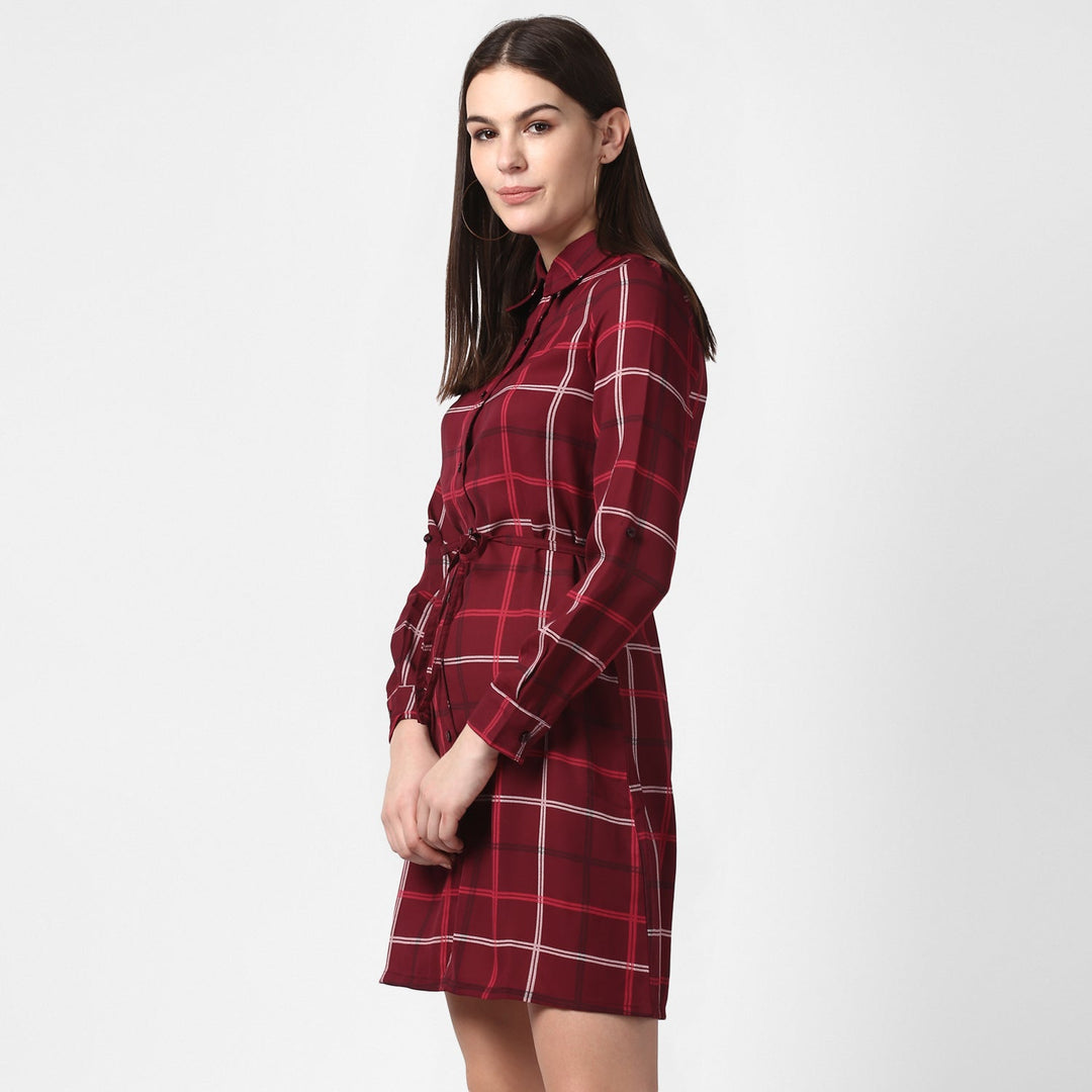 Maroon-&-White-Polyester-Check-Shirt-Dress-with-Belt