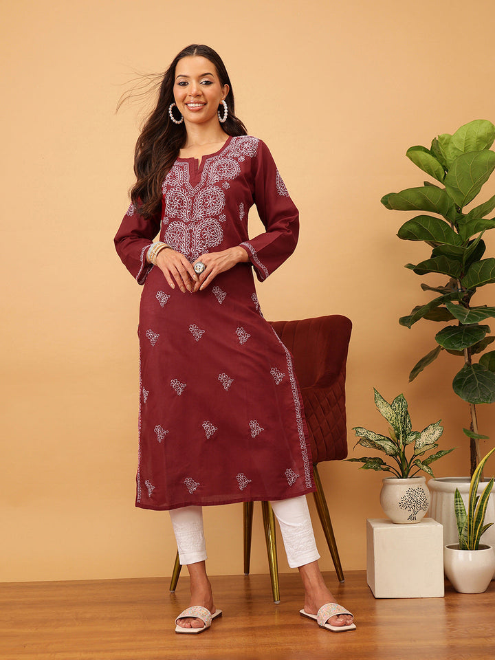 Maroon & White Sustainable Cotton Chikankari Kurta