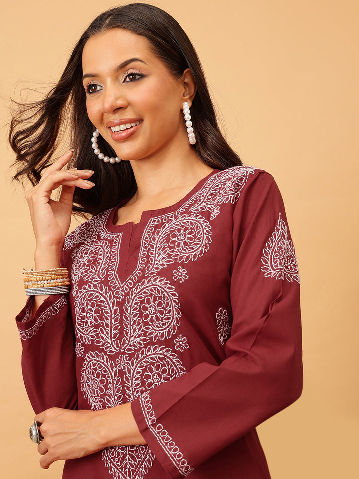 Maroon & White Sustainable Cotton Chikankari Kurta