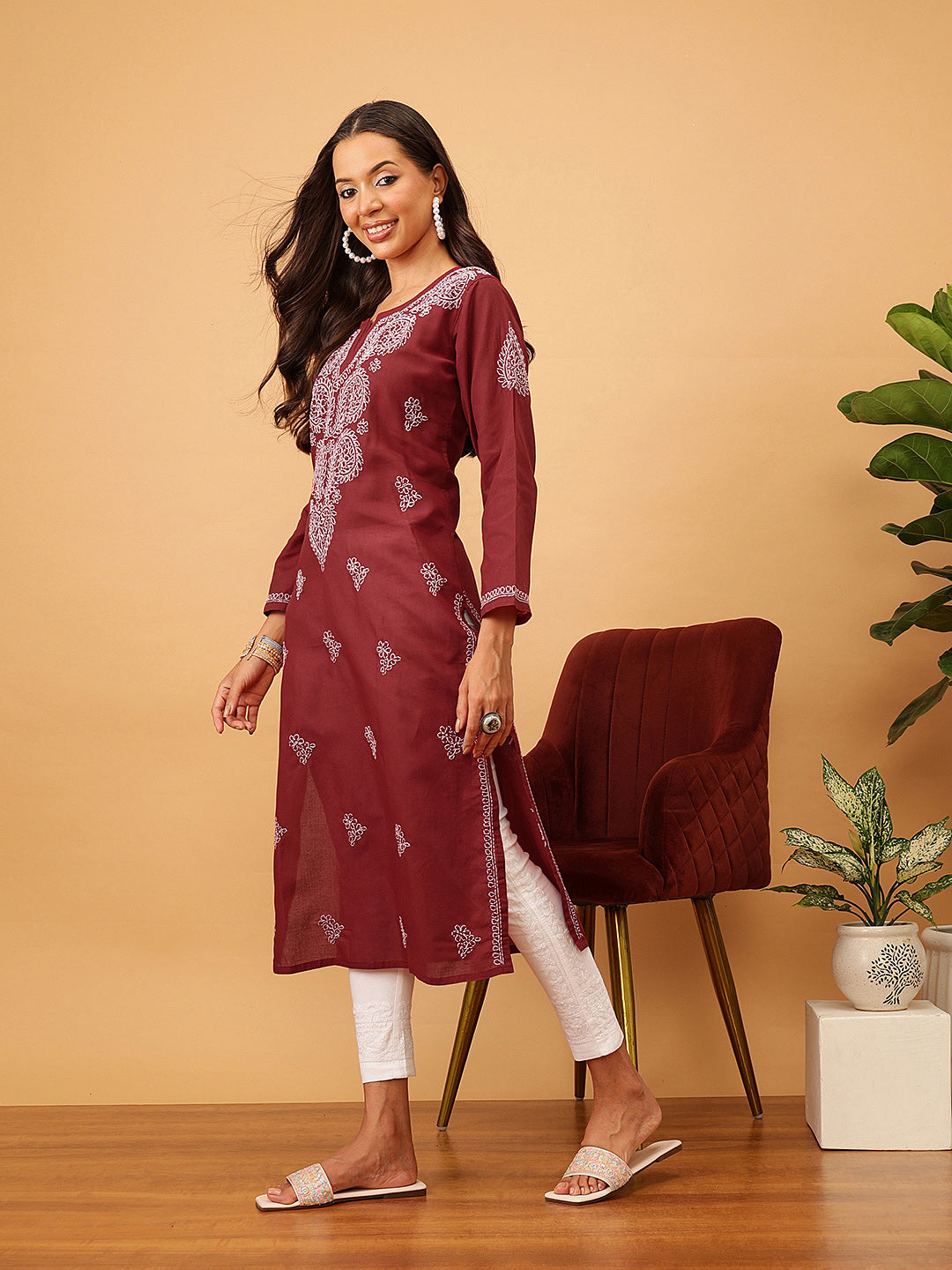 Maroon & White Sustainable Cotton Chikankari Kurta