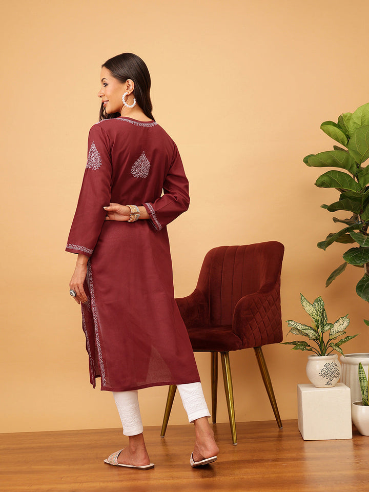 Maroon & White Sustainable Cotton Chikankari Kurta