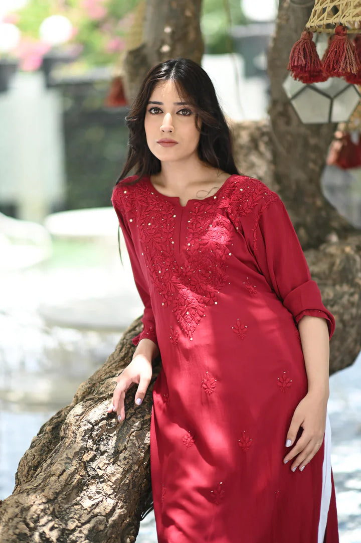 Maroon Bloom Rayon Chikankari Mukaish Kurta