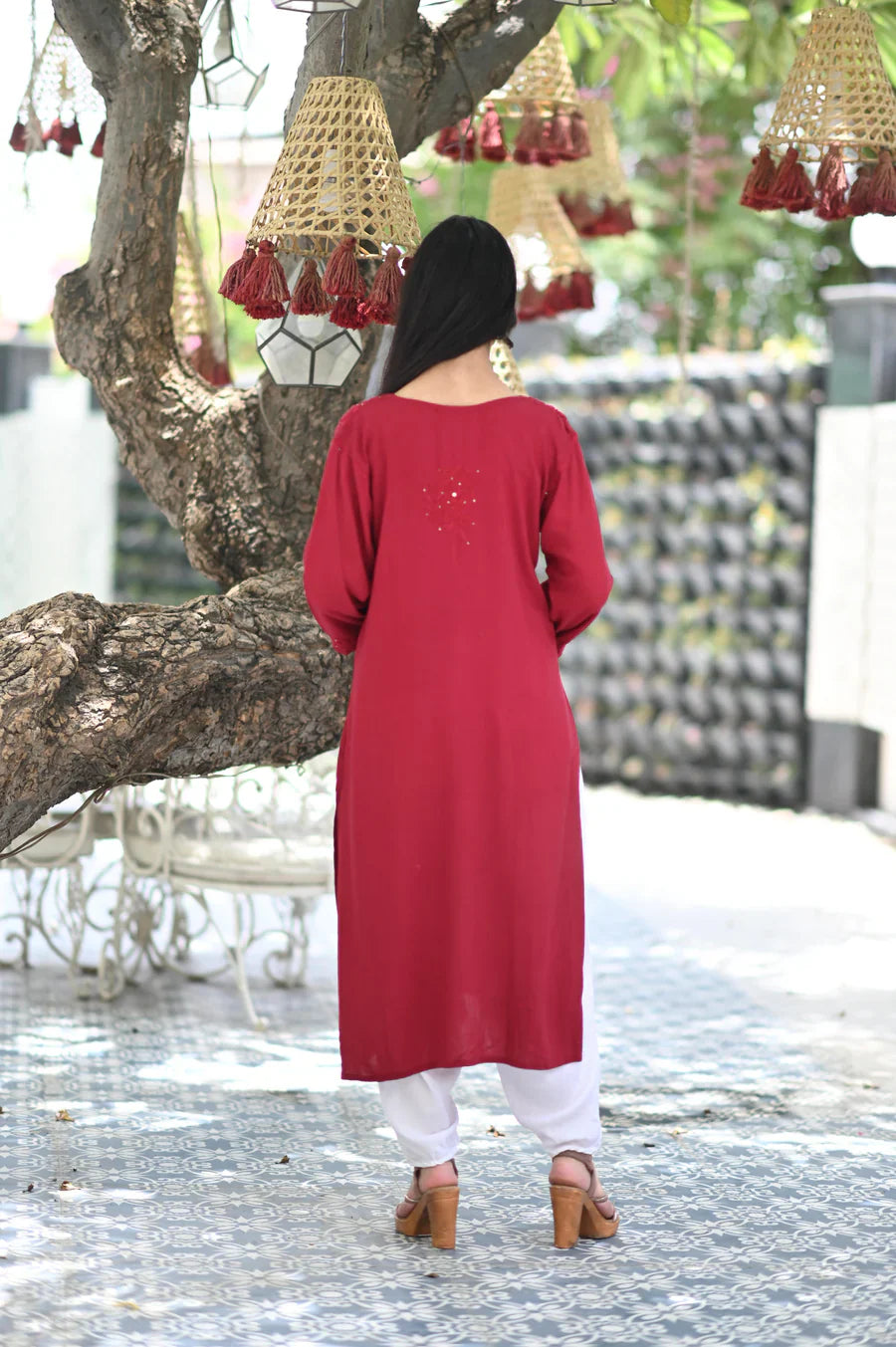 Maroon Bloom Rayon Chikankari Mukaish Kurta