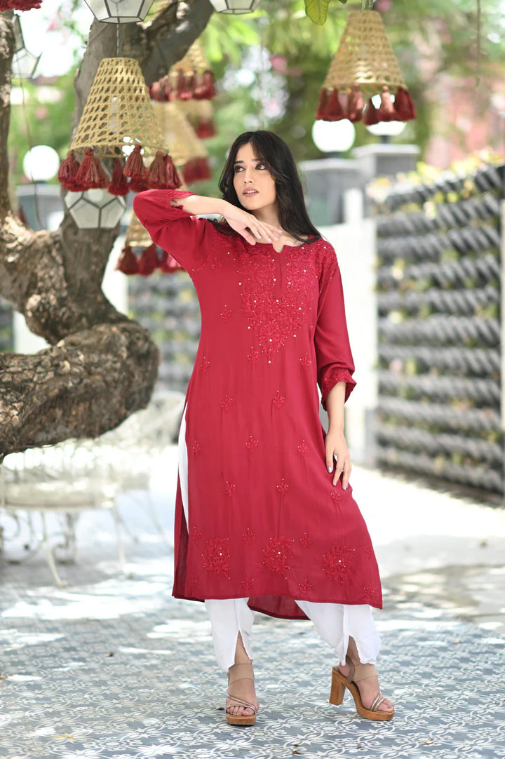 Maroon Bloom Rayon Chikankari Mukaish Kurta
