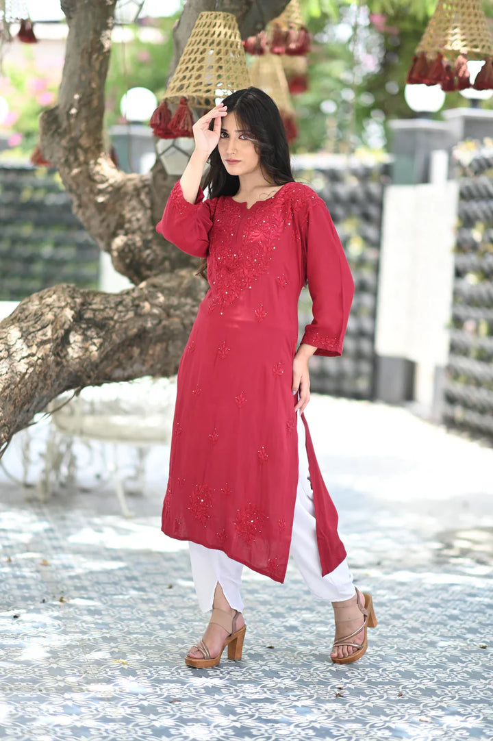 Maroon Bloom Rayon Chikankari Mukaish Kurta