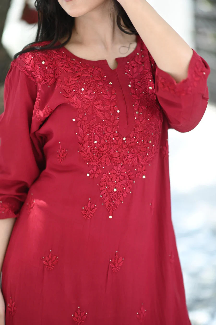 Maroon Bloom Rayon Chikankari Mukaish Kurta