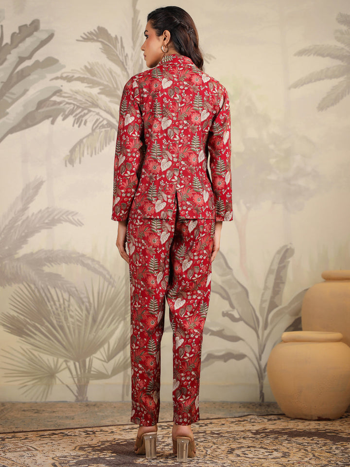 Maroon Chanderi Silk Floral Printed Co-Ord Set with Jacket