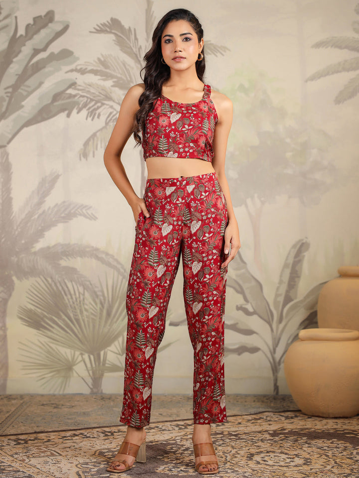 Maroon Chanderi Silk Floral Printed Co-Ord Set with Jacket