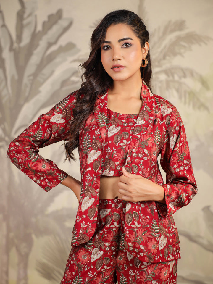Maroon Chanderi Silk Floral Printed Co-Ord Set with Jacket