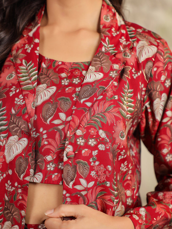 Maroon Chanderi Silk Floral Printed Co-Ord Set with Jacket