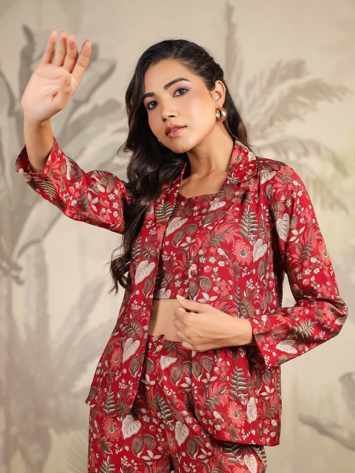 Maroon Chanderi Silk Floral Printed Co-Ord Set with Jacket