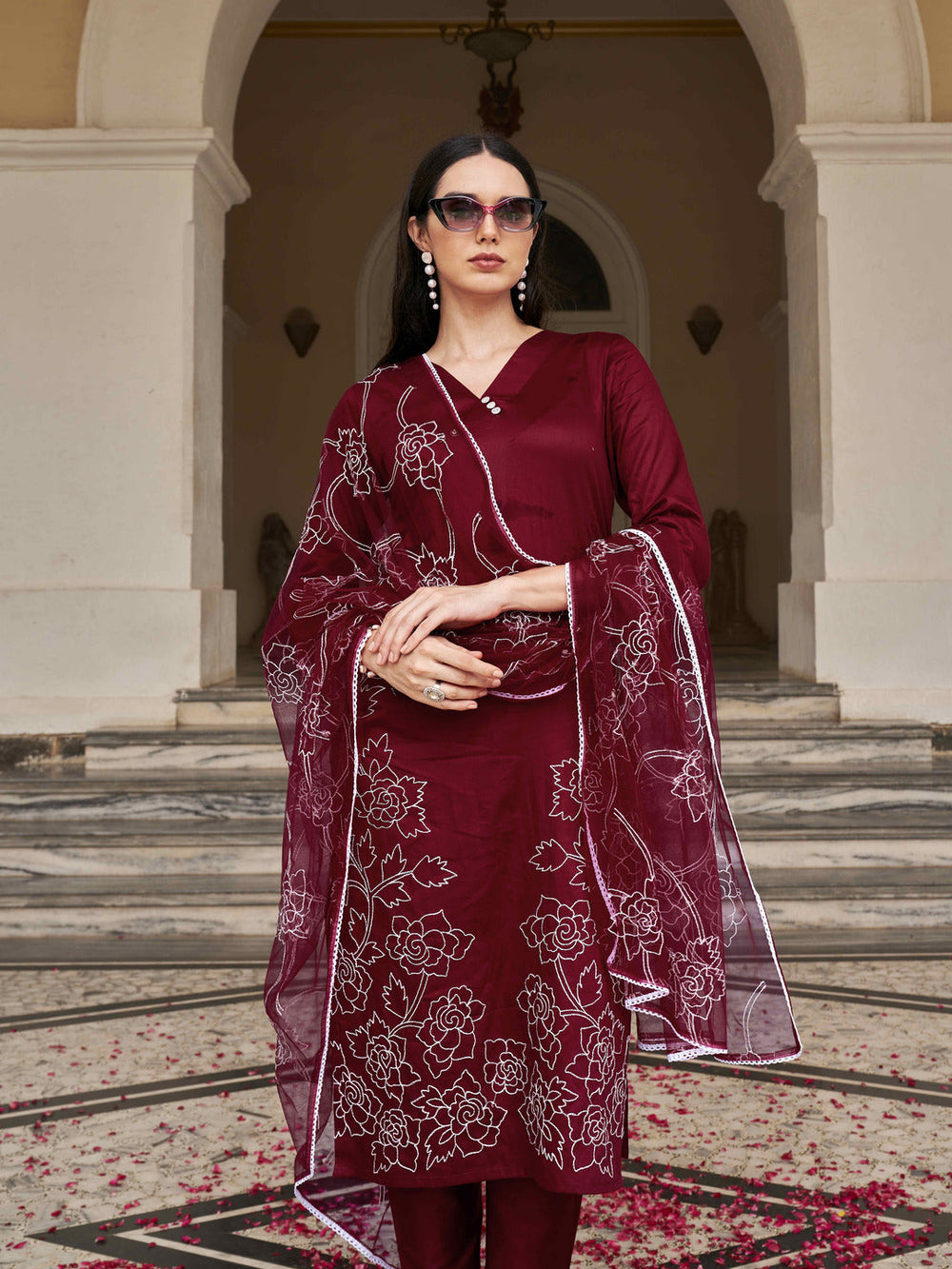 Maroon-Cotton-Blend-Thready-Work-Kurta-Set
