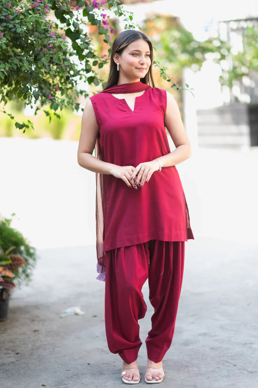 Maroon-Cotton-Salwar-Set-With-Georgette-Dupatta