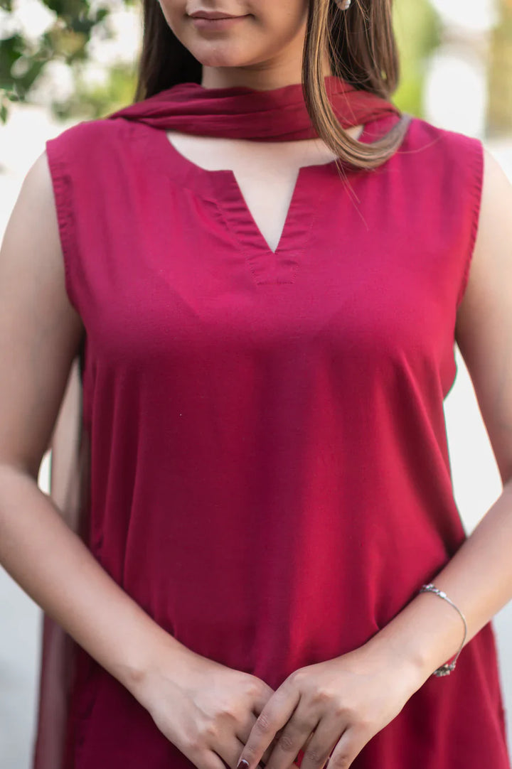 Maroon-Cotton-Salwar-Set-With-Georgette-Dupatta