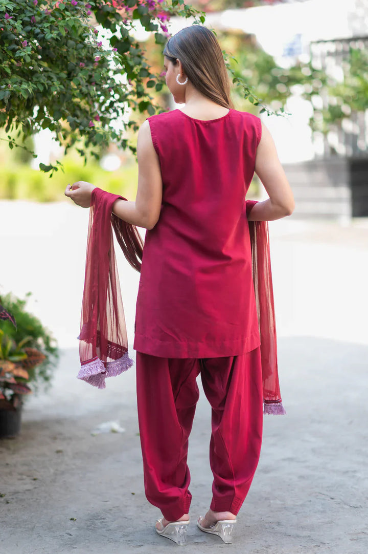 Maroon-Cotton-Salwar-Set-With-Georgette-Dupatta