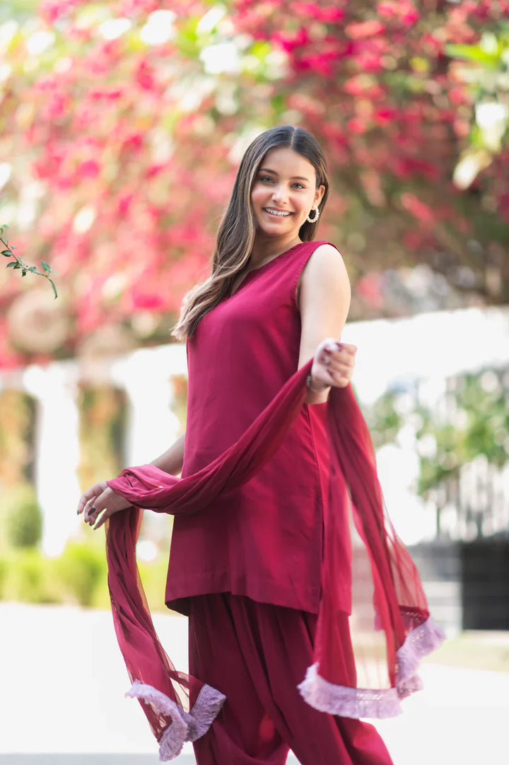 Maroon-Cotton-Salwar-Set-With-Georgette-Dupatta