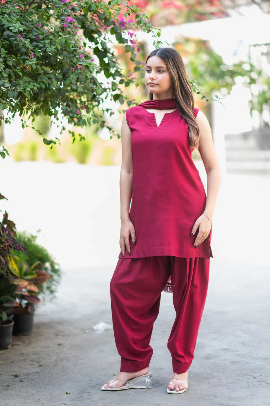Maroon-Cotton-Salwar-Set-With-Georgette-Dupatta