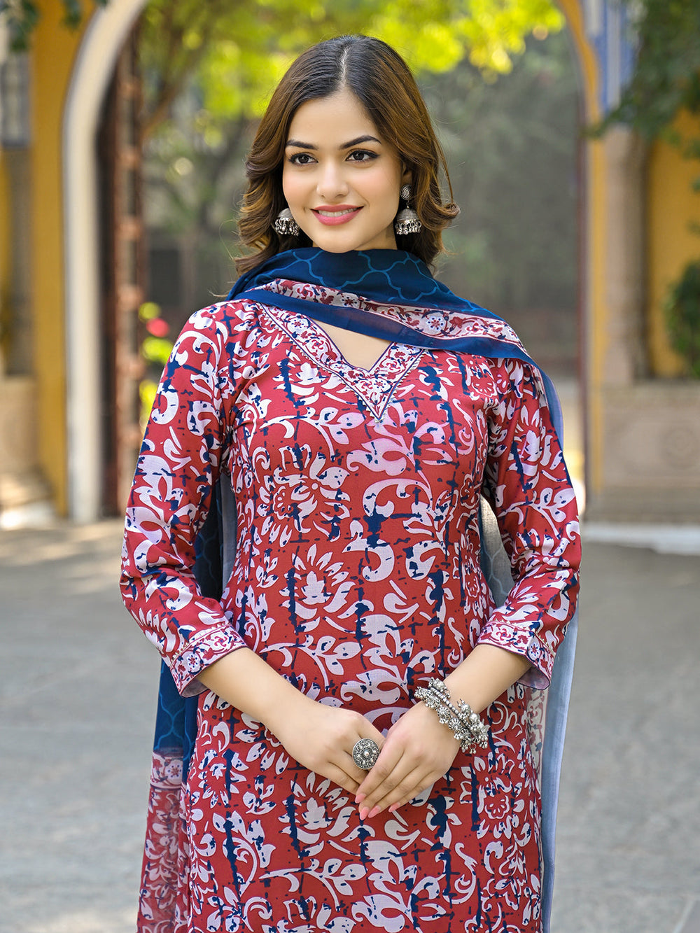 Maroon-Rayon-Blend-Motifs-Printed-3-Piece-Straight-Kurta-Set-