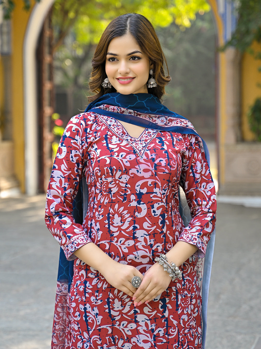 Maroon-Rayon-Blend-Motifs-Printed-3-Piece-Straight-Kurta-Set-