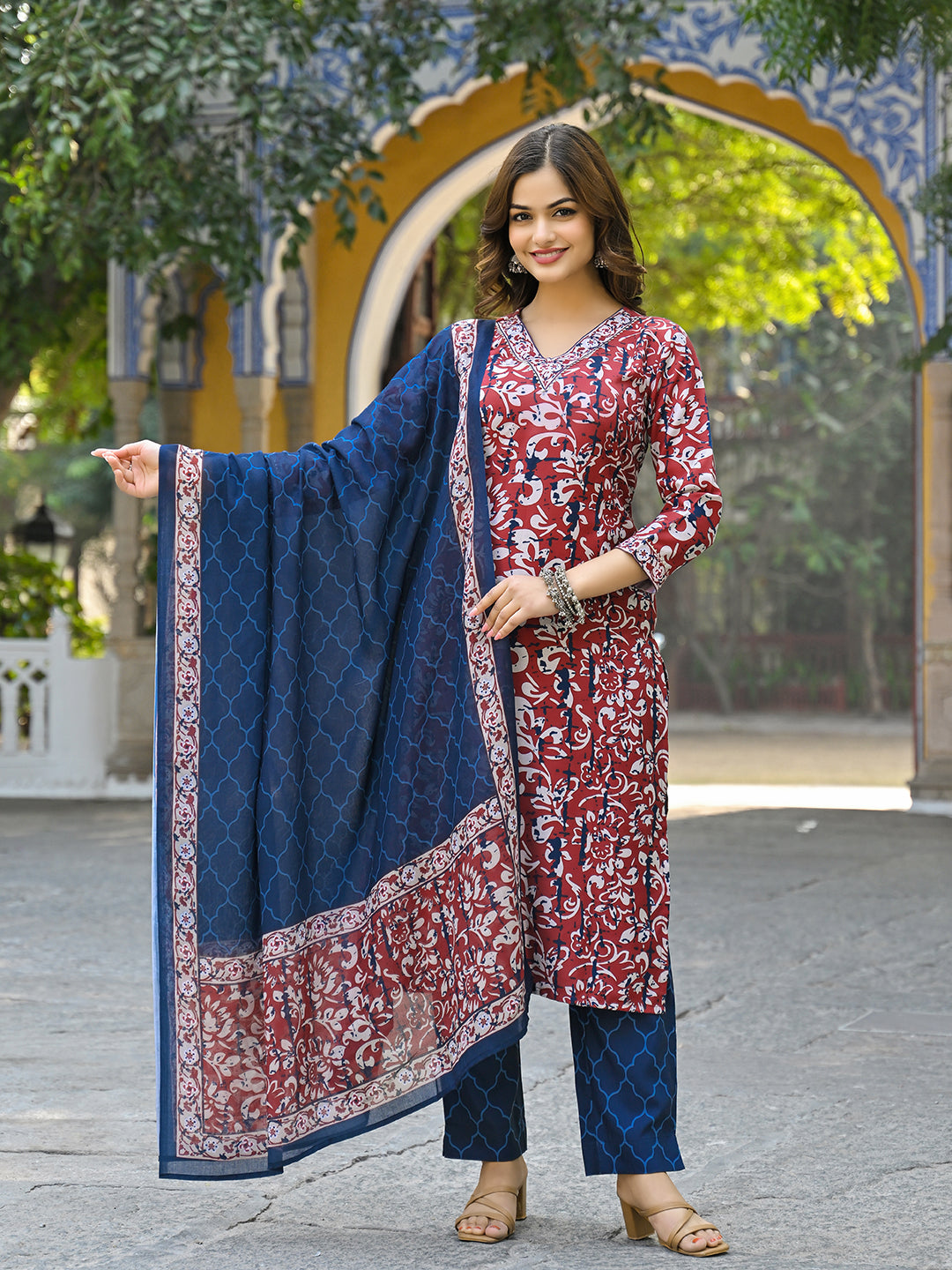 Maroon-Rayon-Blend-Motifs-Printed-3-Piece-Straight-Kurta-Set-