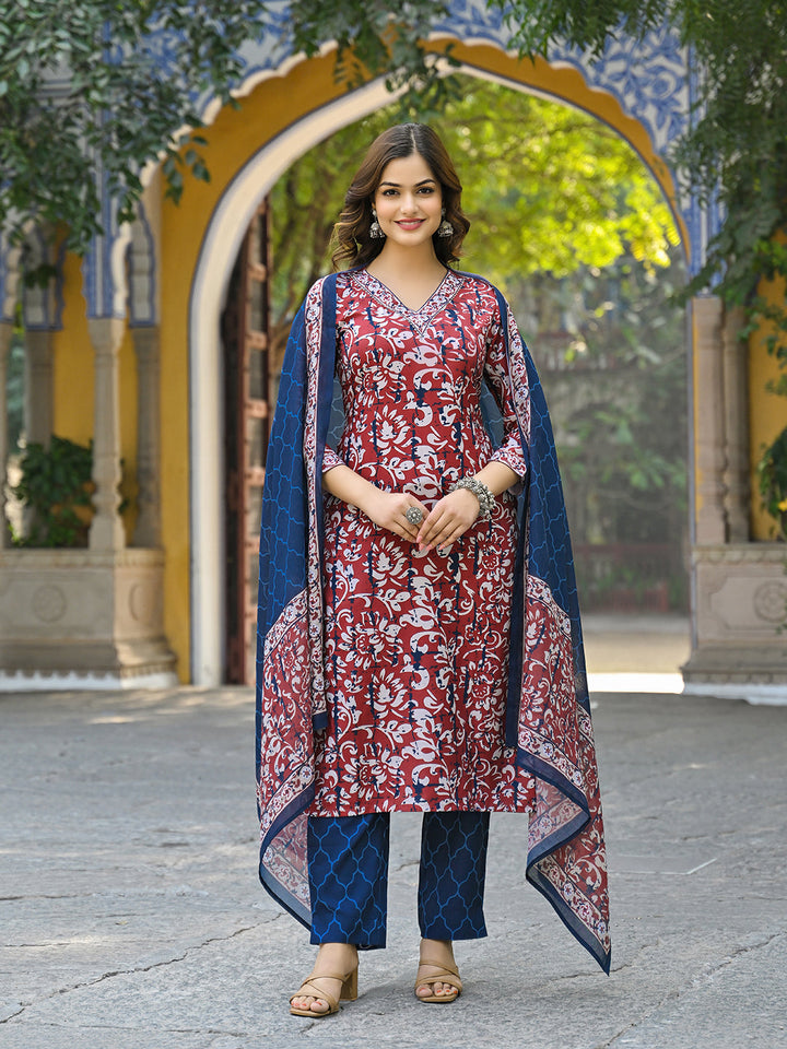 Maroon-Rayon-Blend-Motifs-Printed-3-Piece-Straight-Kurta-Set-