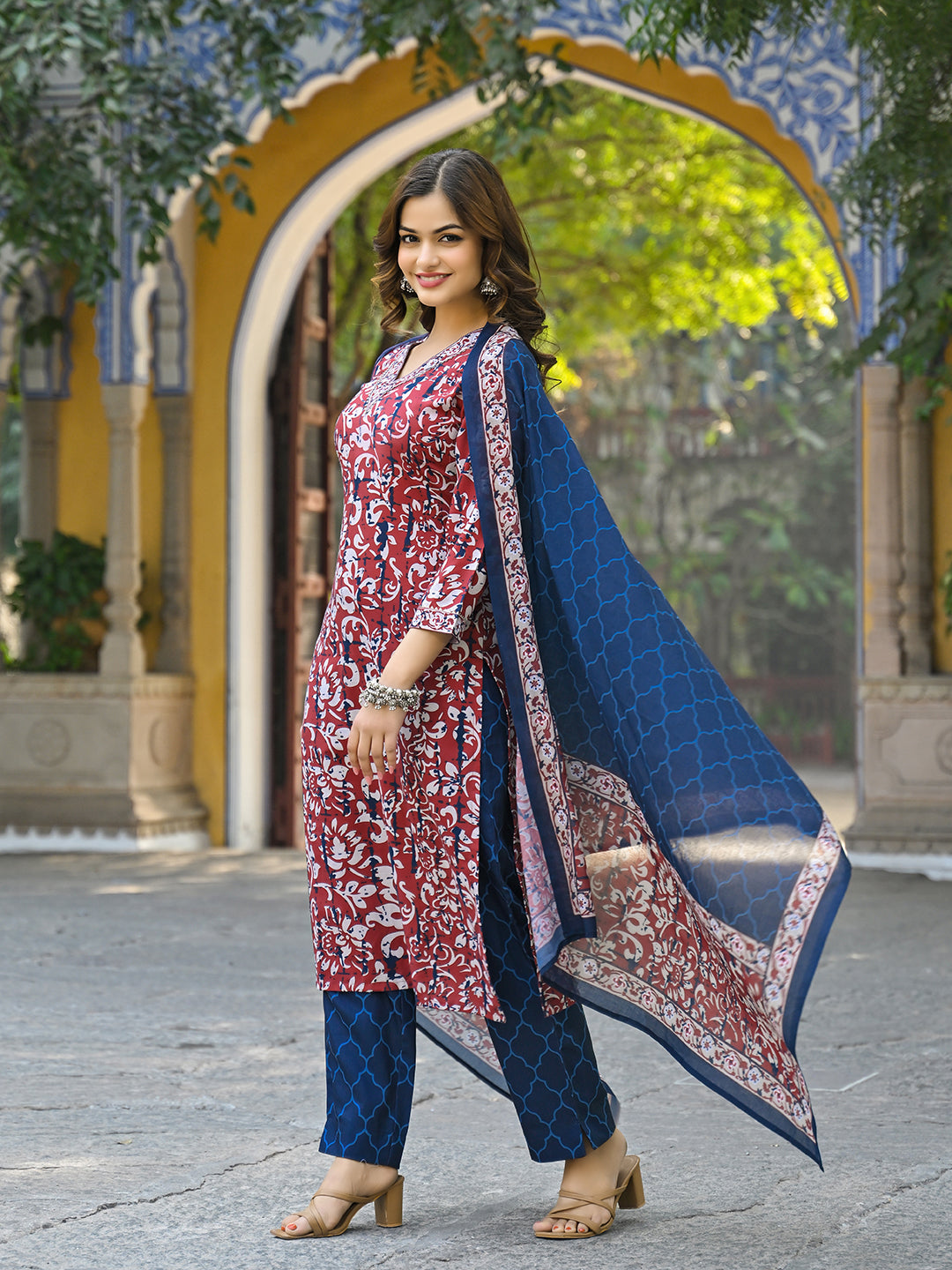 Maroon-Rayon-Blend-Motifs-Printed-3-Piece-Straight-Kurta-Set-