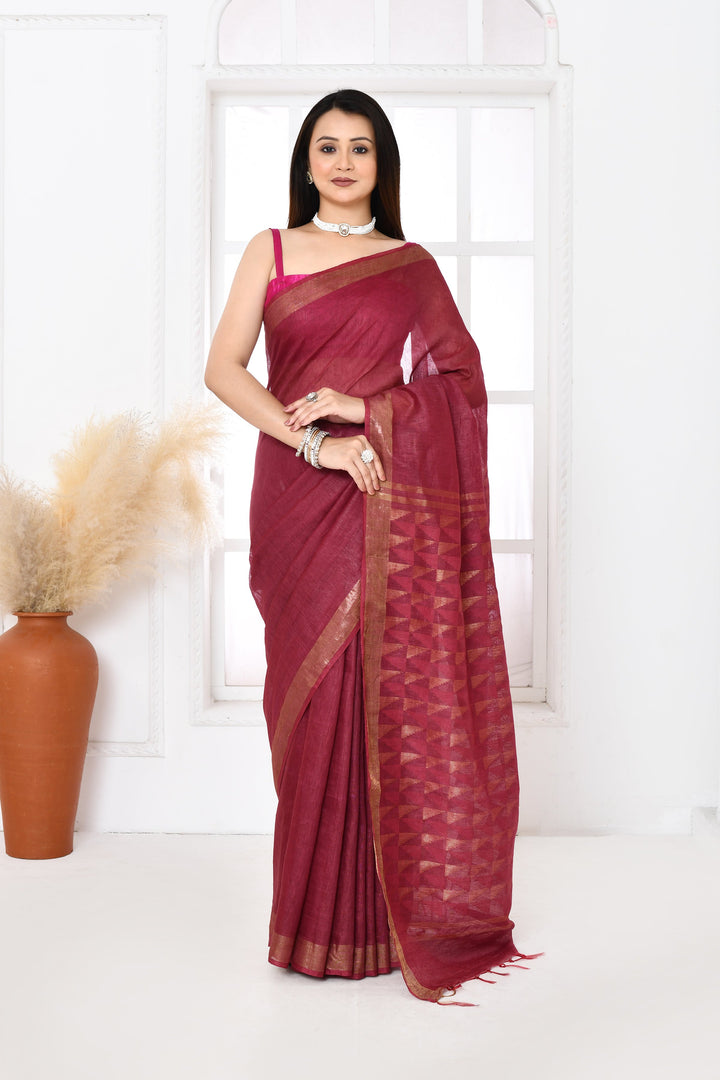 Maroon-Tussar-Linen-Handloom-Saree-With-Woven-Zari-Pallu