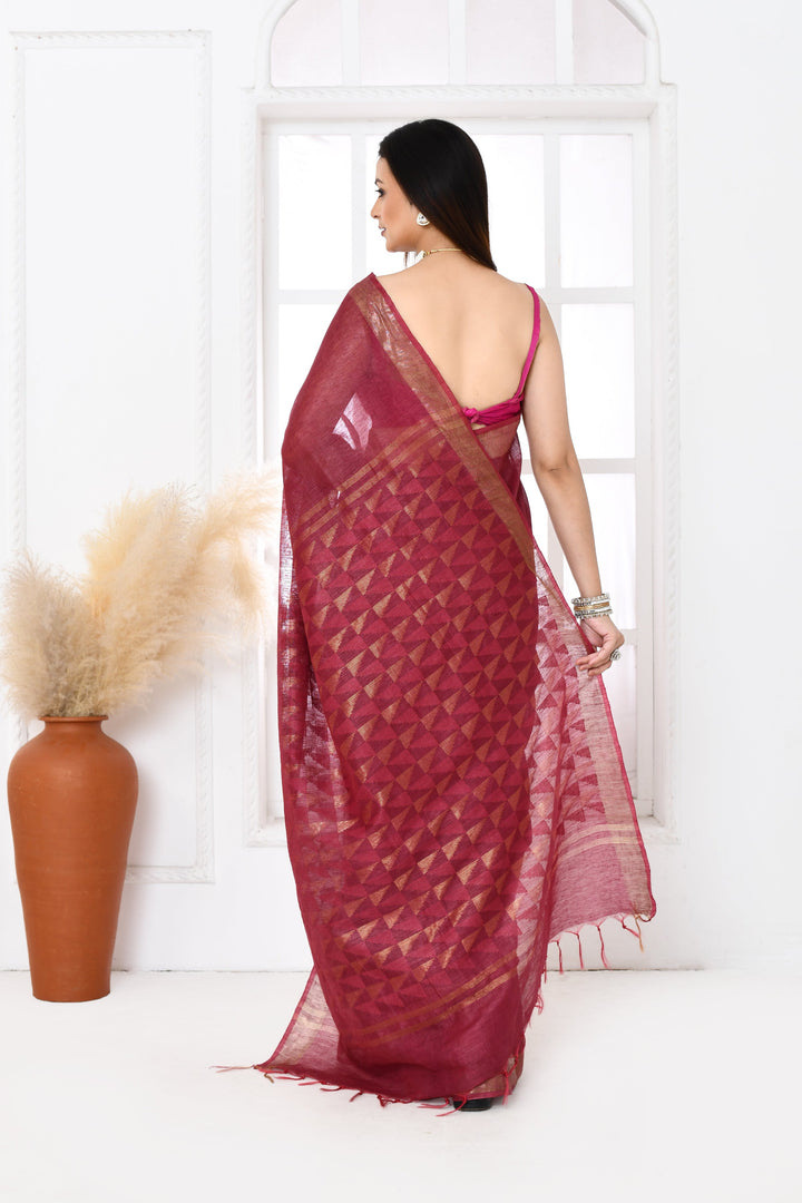 Maroon-Tussar-Linen-Handloom-Saree-With-Woven-Zari-Pallu