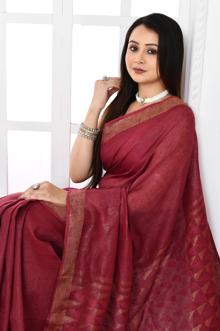 Maroon-Tussar-Linen-Handloom-Saree-With-Woven-Zari-Pallu