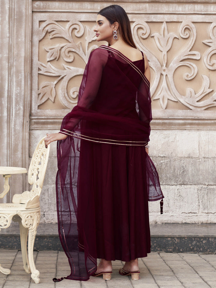 Maroon-Viscose-Rayon-with-Strap-Flared-3-Piece-Kurta-Set