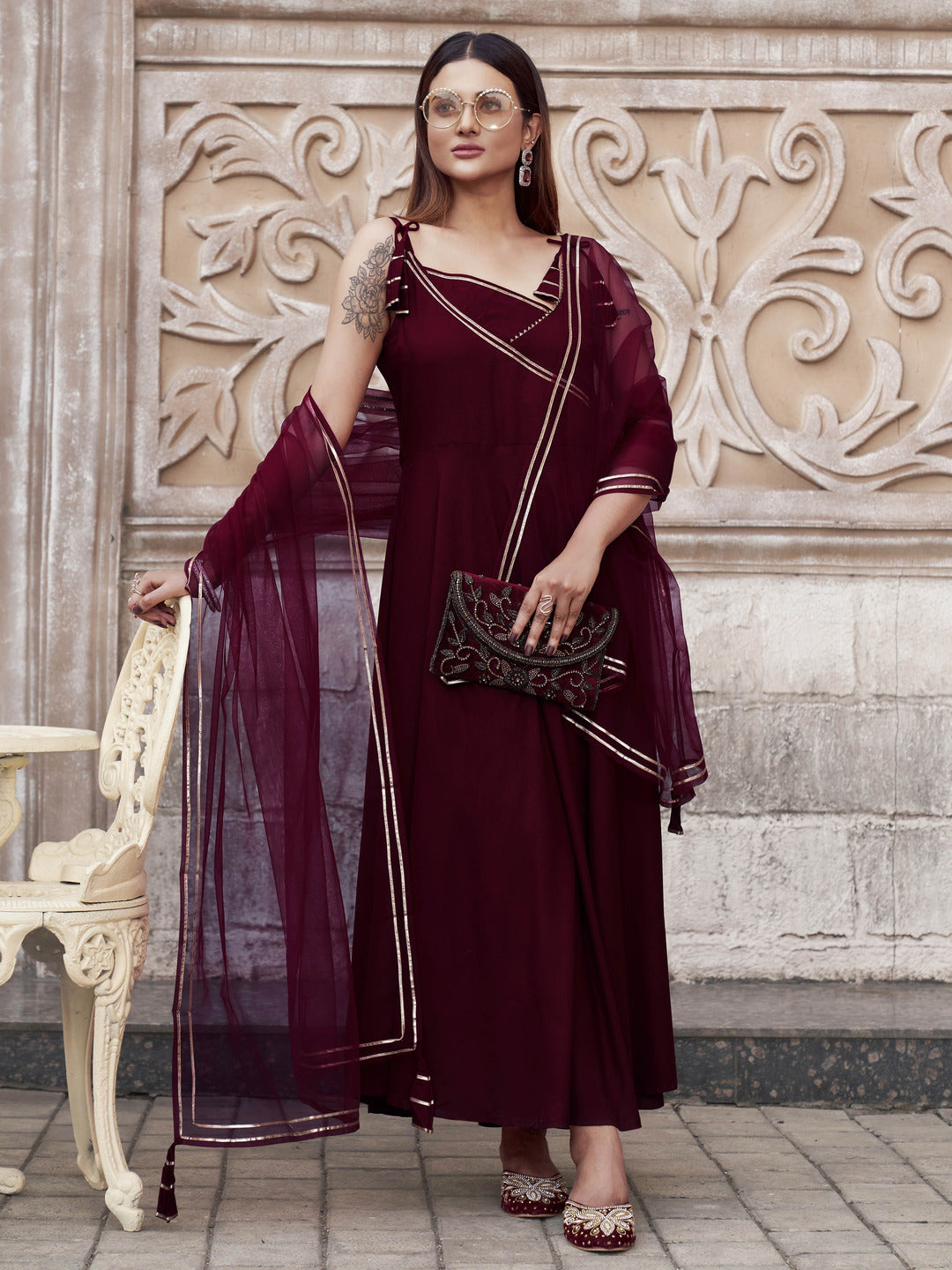 Maroon-Viscose-Rayon-with-Strap-Flared-3-Piece-Kurta-Set