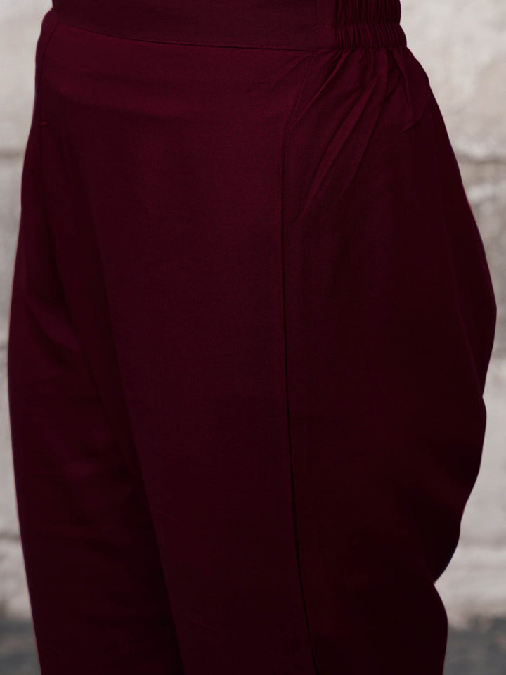 Maroon-Viscose-Rayon-with-Strap-Flared-3-Piece-Kurta-Set