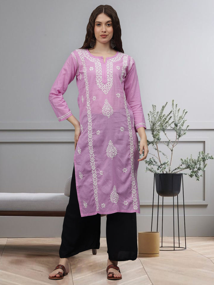 Mauve-Cotton-Embroidered-Chikankari-Straight-Kurti