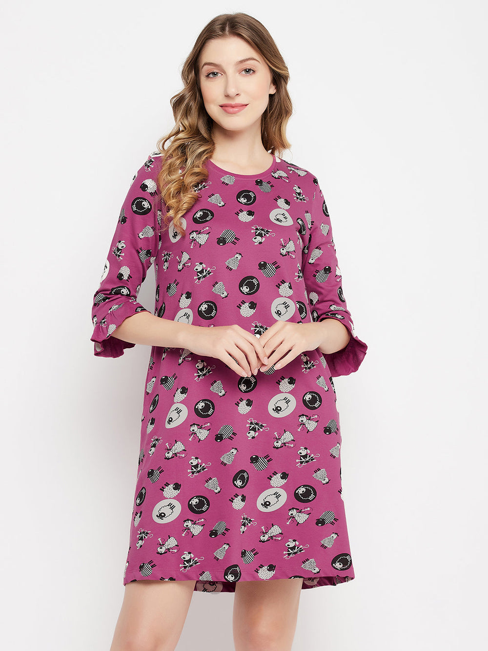 Mauve-Cotton-Sheep-Print-Short-Night-Dress